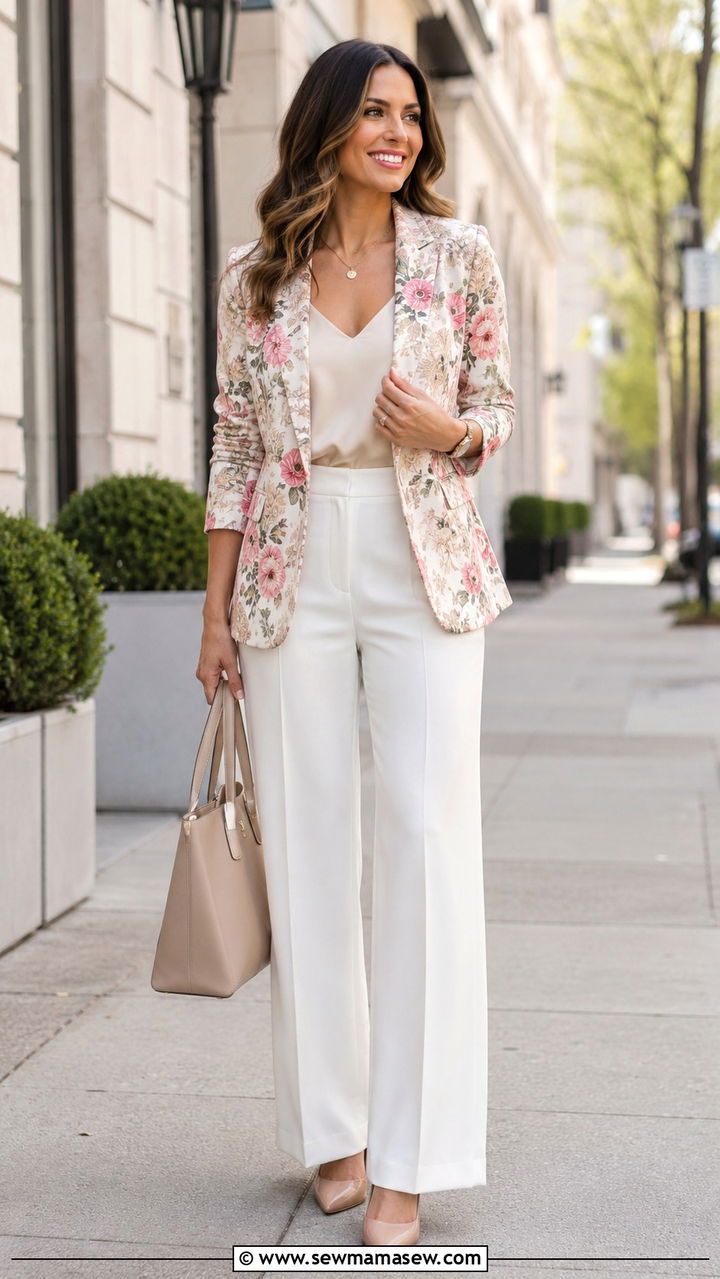 Floral blazer with white trousers office outfit - 25 seasonal office outfit ideas