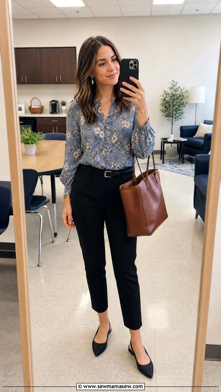 Floral blouse and cropped trousers classroom look - 30 Substitute teacher outfit ideas