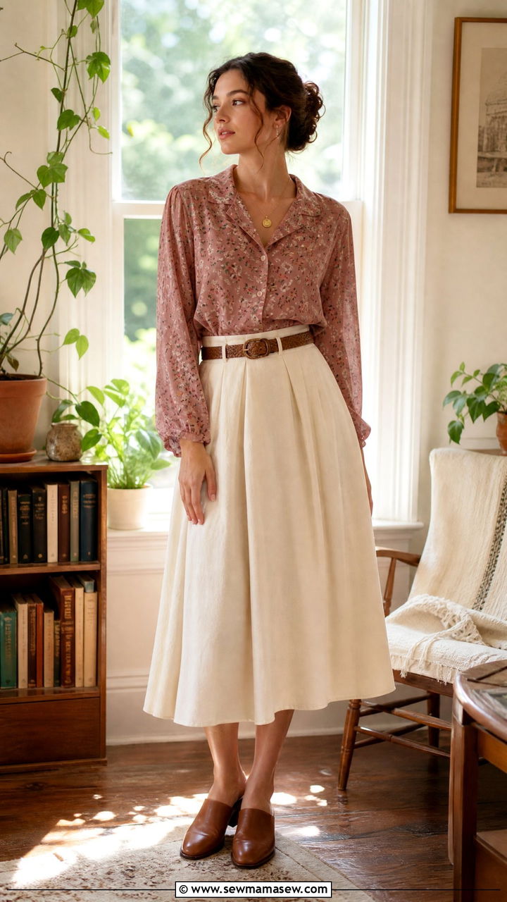 Floral blouse and midi skirt light academia outfit - 25 Light academia outfit ideas 2026