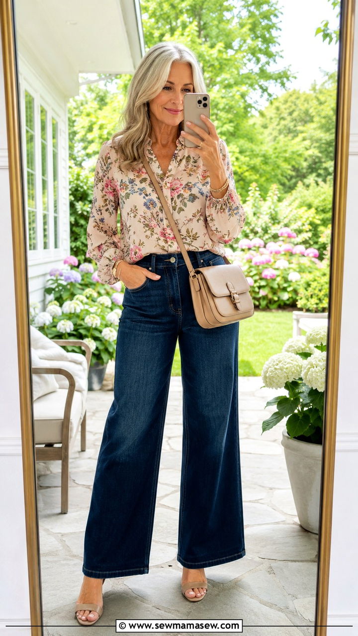 Floral blouse and wide leg jeans over 50 - 20 How to style wide leg jeans over 50