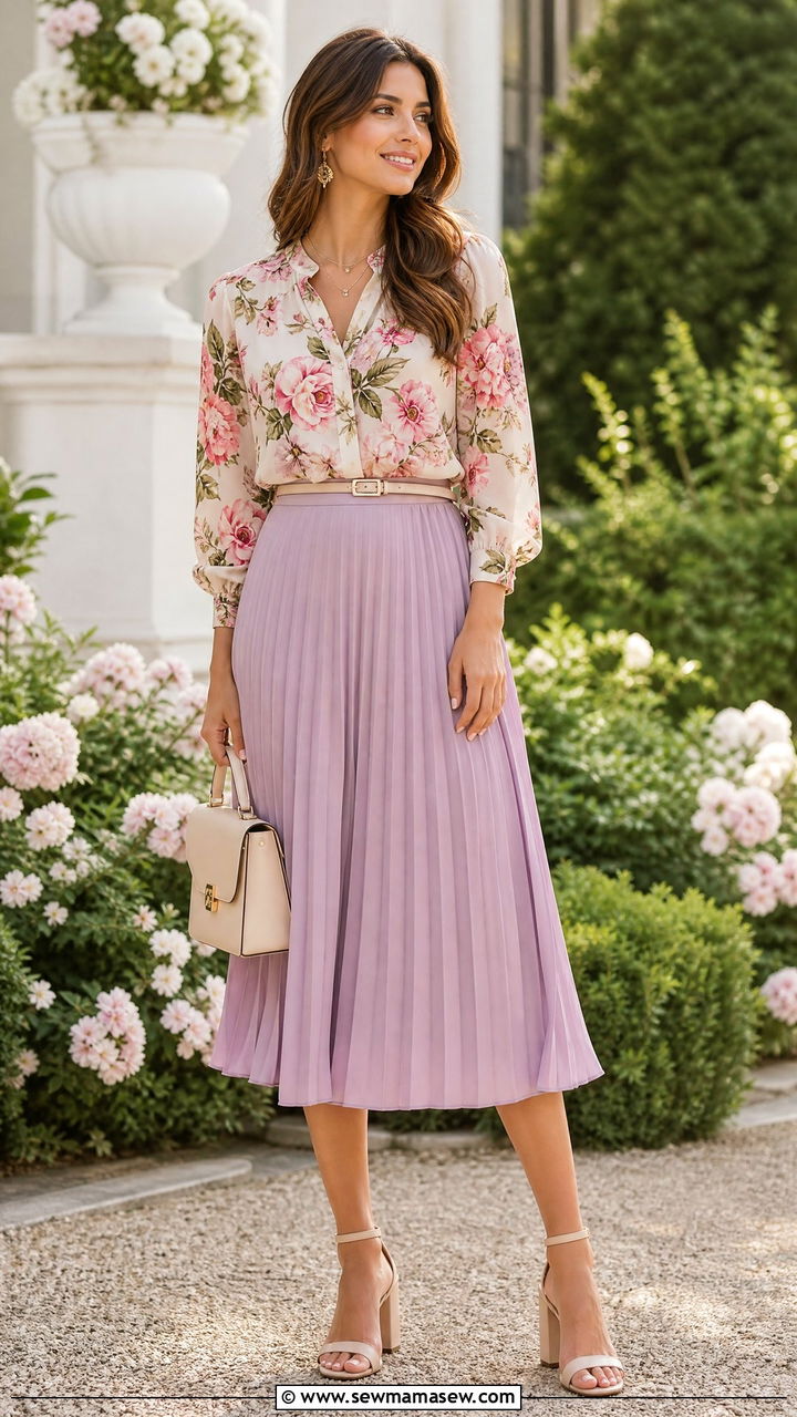 Floral blouse with a pleated midi skirt - 30 floral outfit ideas for women