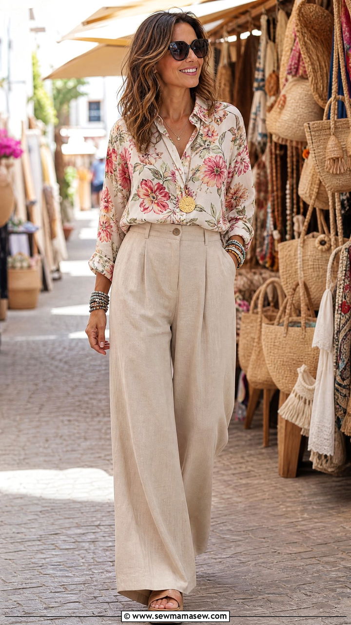 Floral blouse with wide leg pants - 30 floral outfit ideas for women