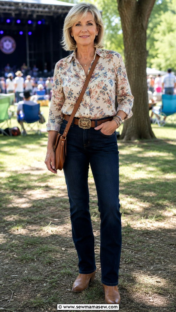 Floral button down shirt and jeans concert over 50 - 25 What to wear to a concert over 50