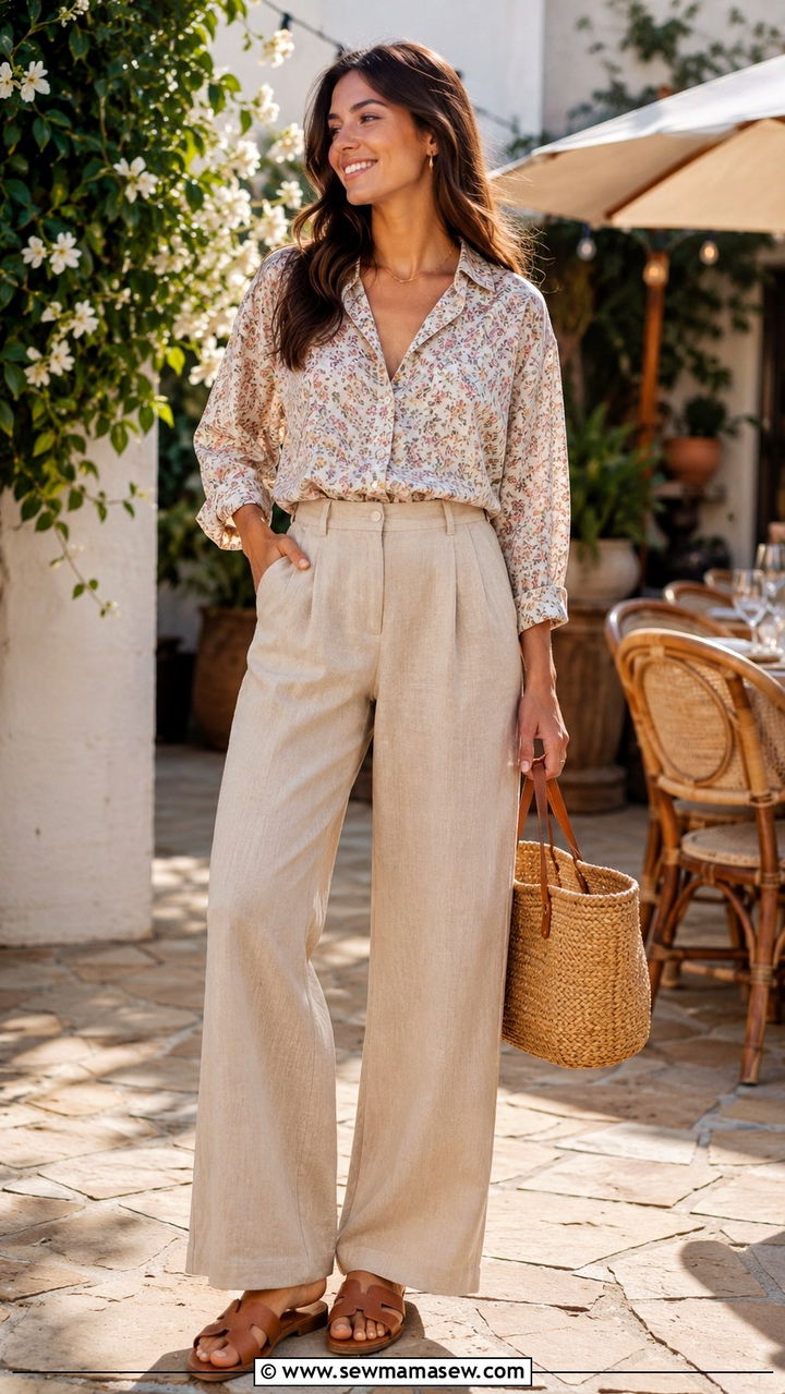 Floral button down with neutral linen wide leg pants - 25 Wide leg linen pants outfit ideas with a button down
