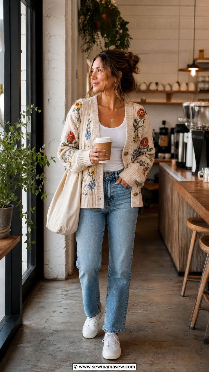 Floral cardigan with a tank top and jeans - 30 floral outfit ideas for women