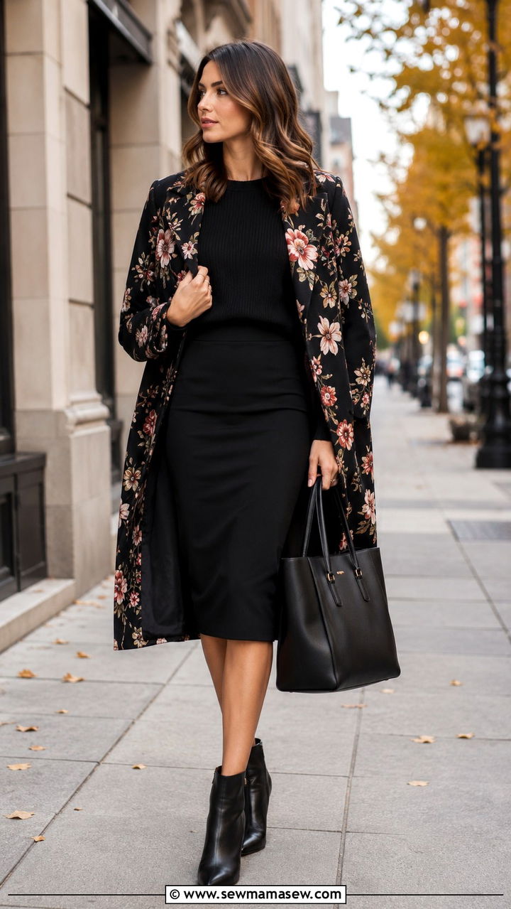Floral coat and pencil skirt with ankle boots - 30 Pencil skirt outfit ideas with boots