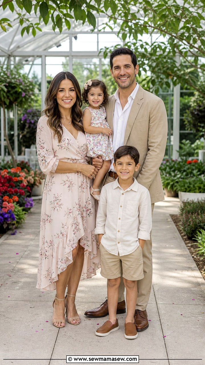 Floral dress and khaki spring family outfits - 40 Family photo outfit ideas