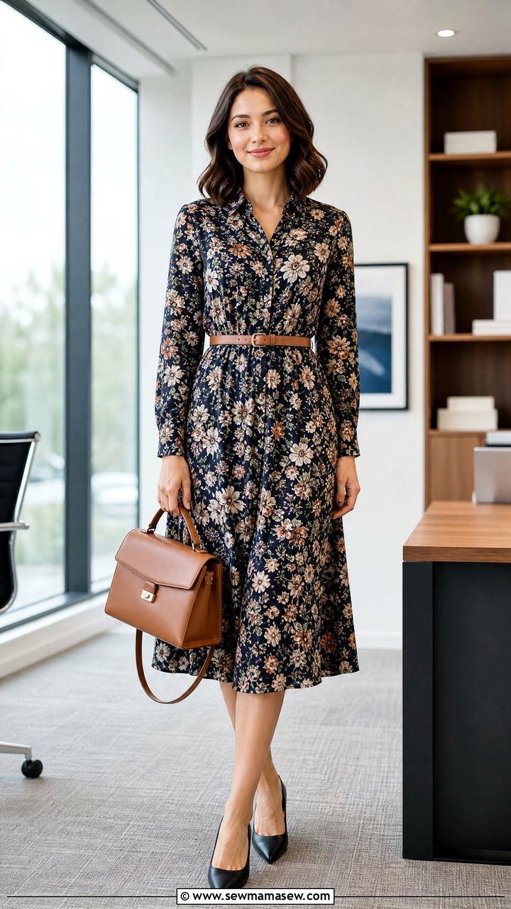 Floral dress with belt and structured bag office outfit - 30 floral dress outfit ideas
