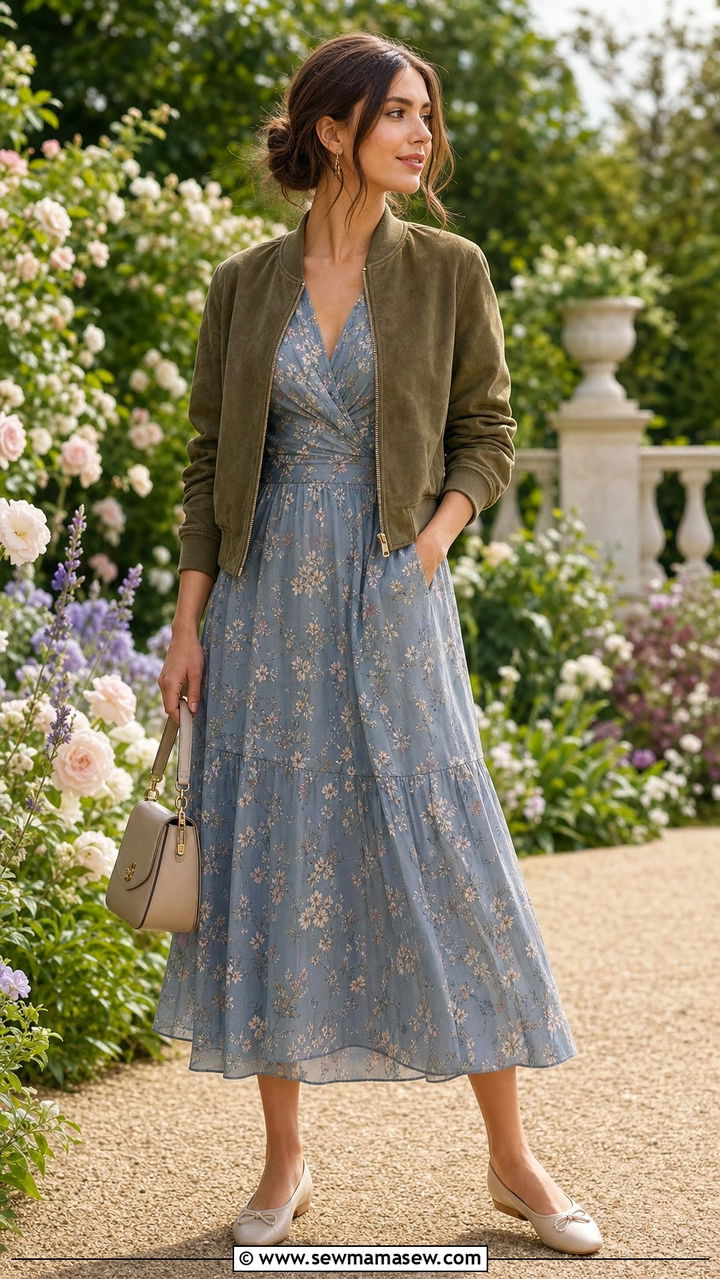Floral dress with bomber jacket spring outfit - 25 Spring outfits with bomber jacket