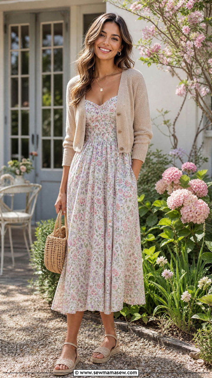 Floral dress with cardigan for spring - 30 floral dress outfit ideas