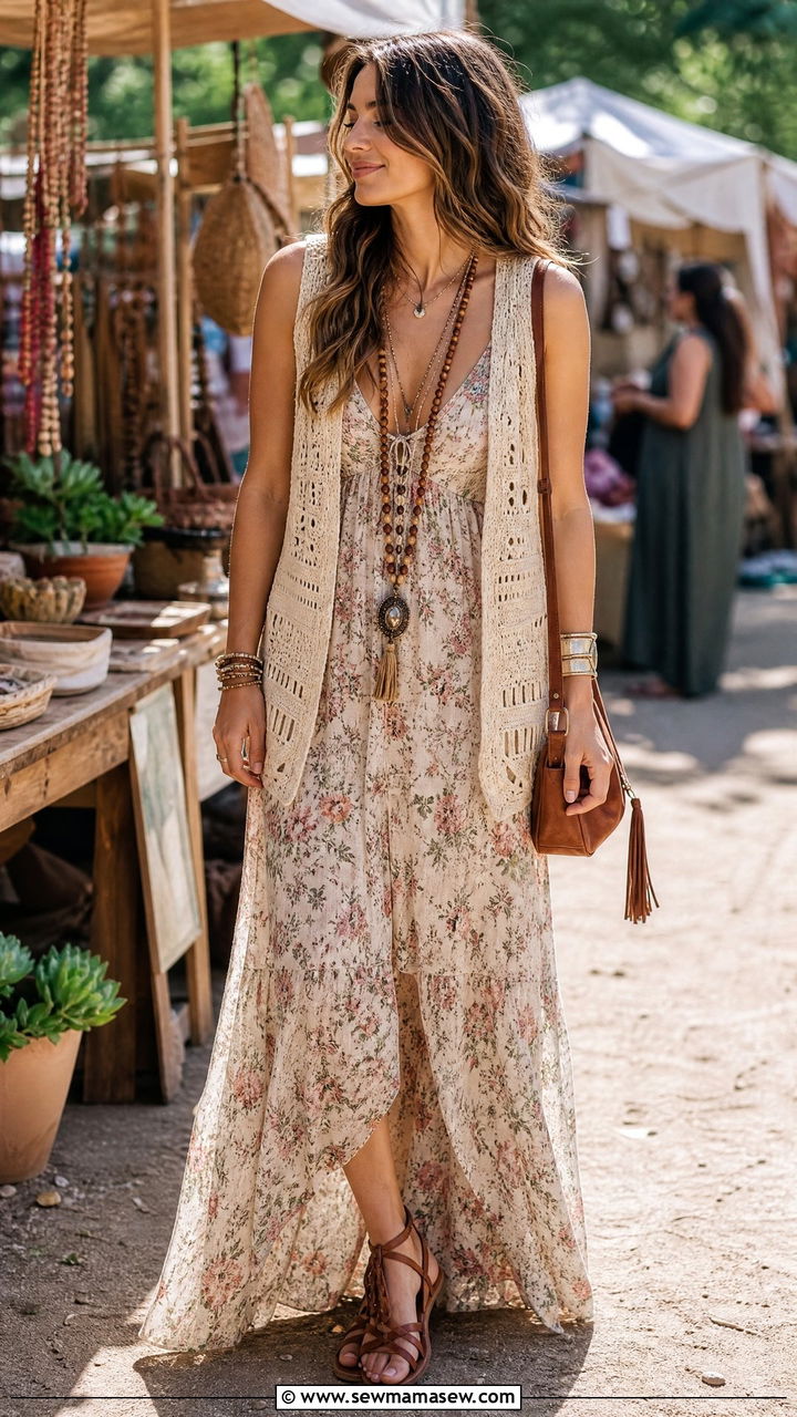 Floral dress with crochet vest boho outfit - 30 floral dress outfit ideas