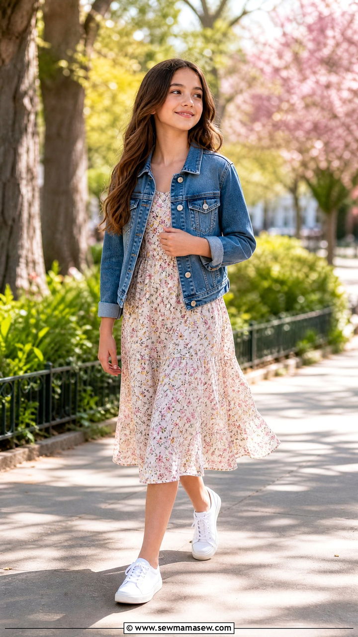 Floral dress with denim jacket and white sneakers - 25 Tween outfit ideas for 12 year olds