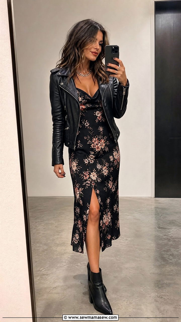 Floral dress with leather jacket outfit - 30 floral dress outfit ideas