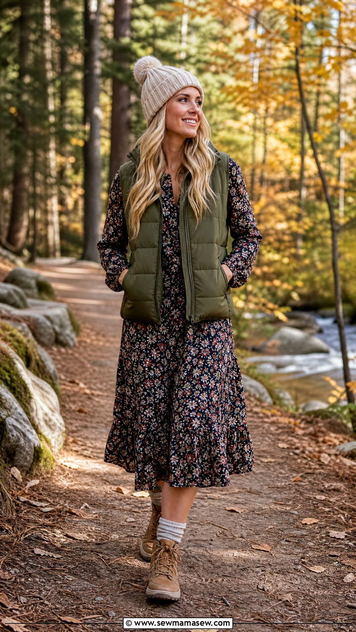 Floral dress with puffer vest outdoor outfit - 30 floral dress outfit ideas