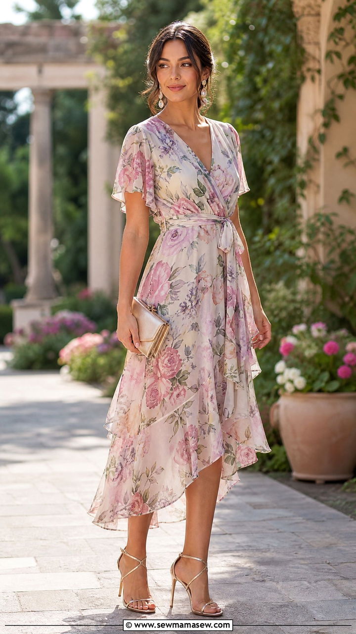 Floral dress with strappy heels wedding guest outfit - 30 floral dress outfit ideas