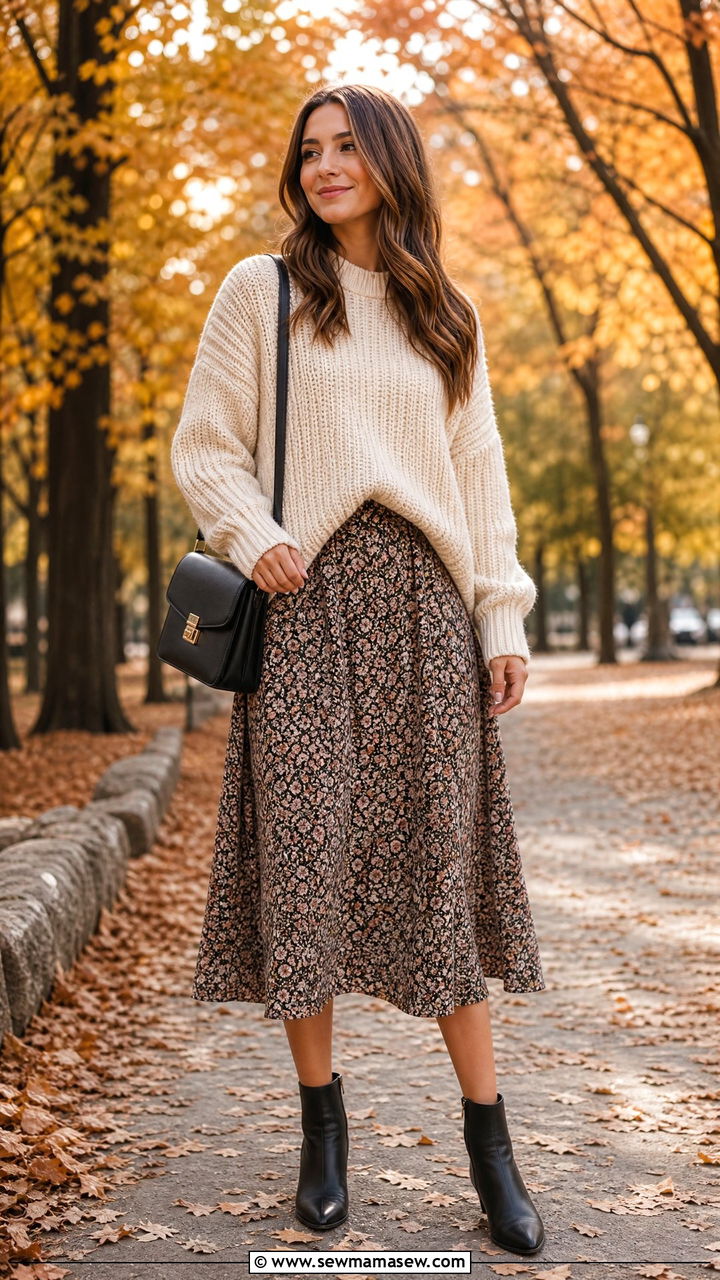 Floral dress with sweater layered over outfit - 30 floral dress outfit ideas