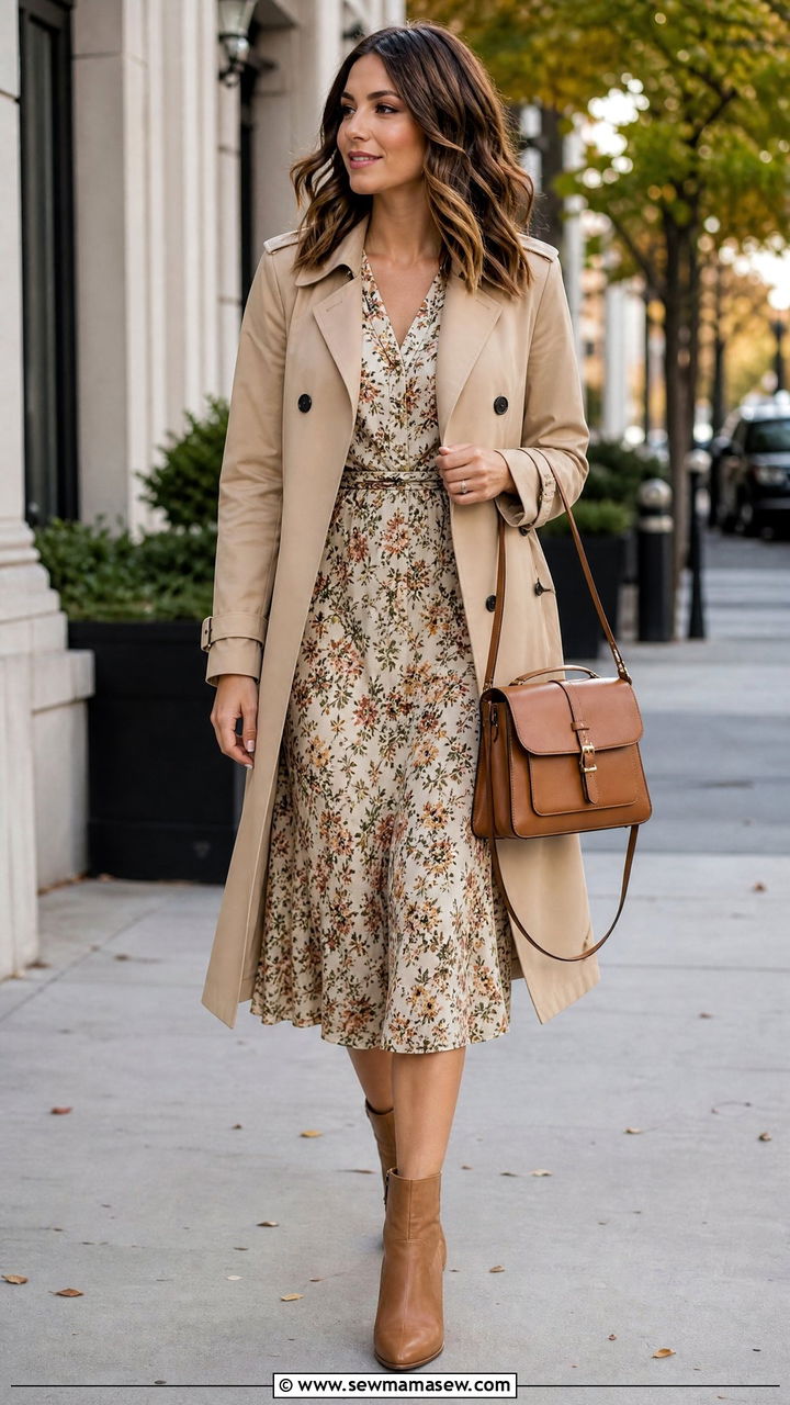 Floral dress with trench coat outfit - 30 floral dress outfit ideas