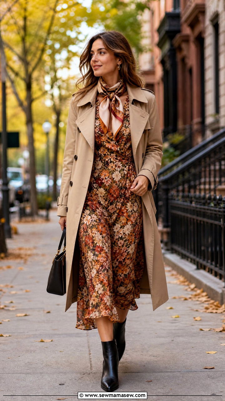 Floral dress with trench coat transitional outfit - 30 floral dress outfit ideas