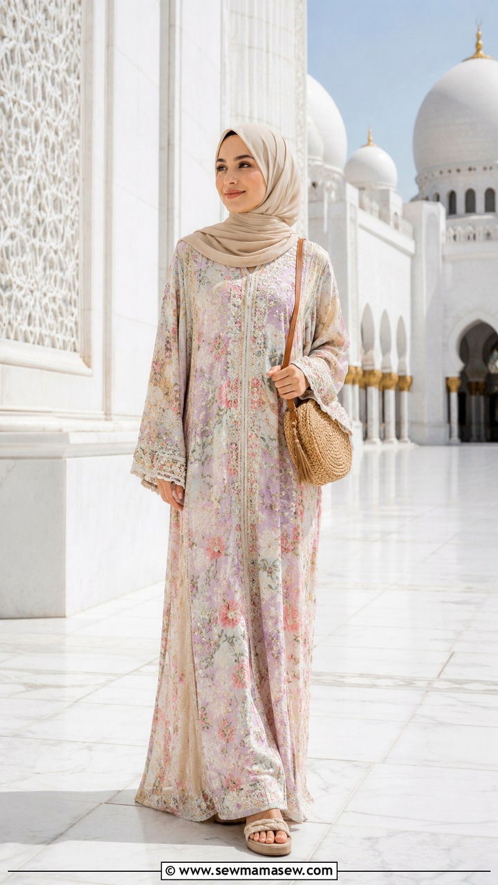 Floral embroidered kaftan and neutral scarf - 20 Modest outfit ideas for mosque visit
