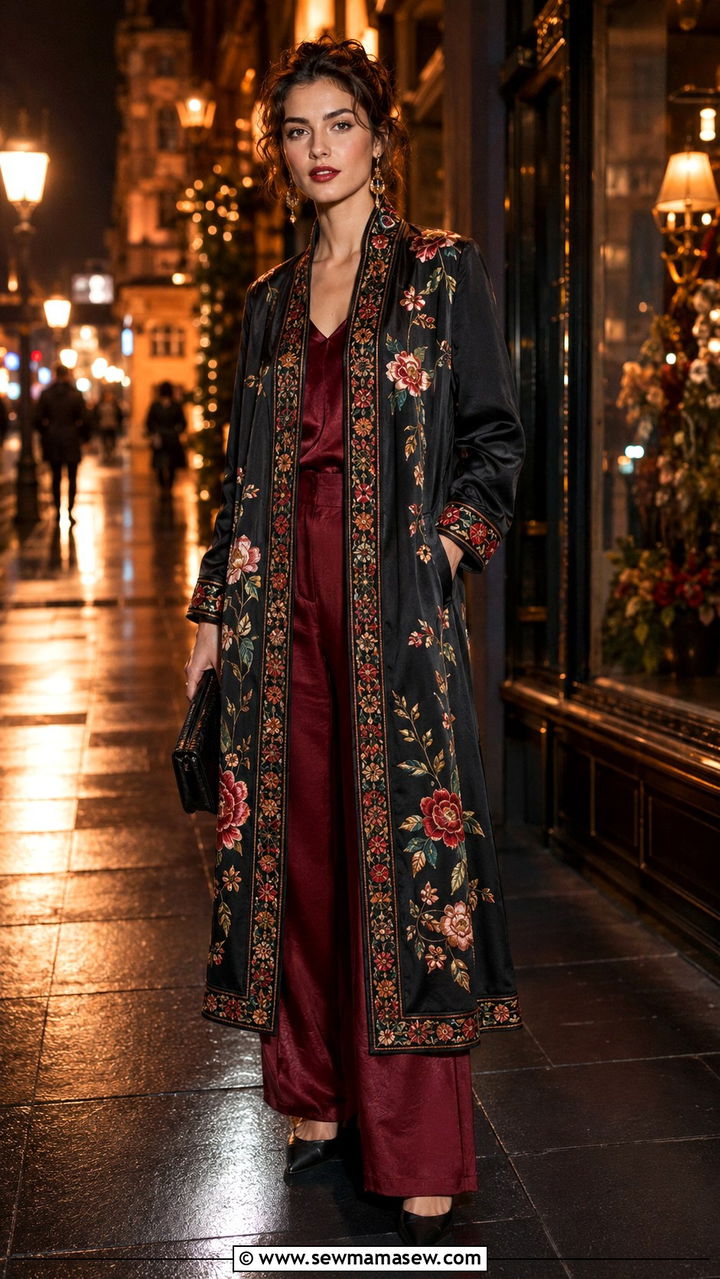 Floral embroidered opera coat over monochrome separates - 25 Opera aesthetic outfit ideas 2026