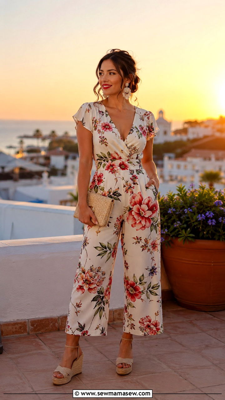 Floral jumpsuit wedge sandals petite vacation outfit - 25 Vacation outfits for petite women