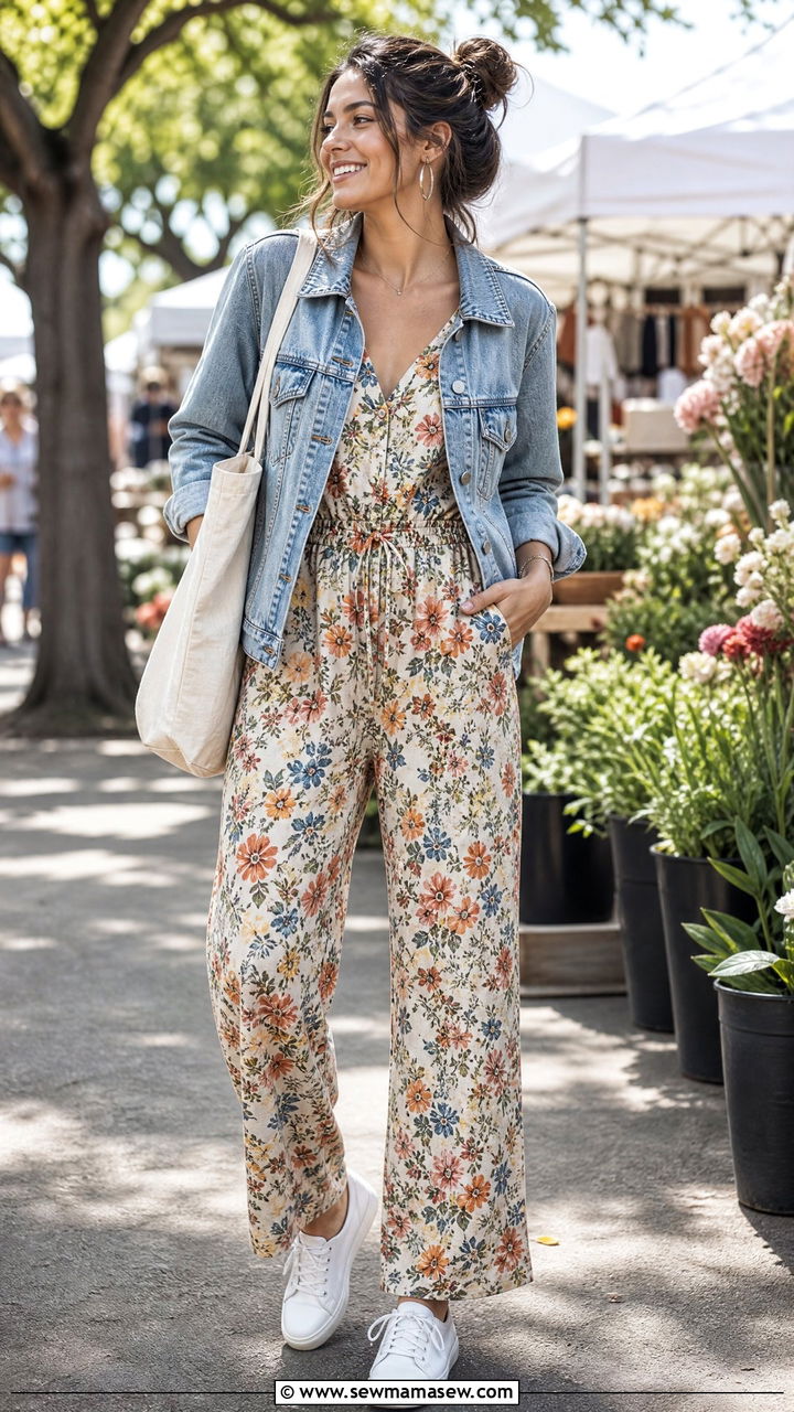Floral jumpsuit with a denim jacket - 30 floral outfit ideas for women
