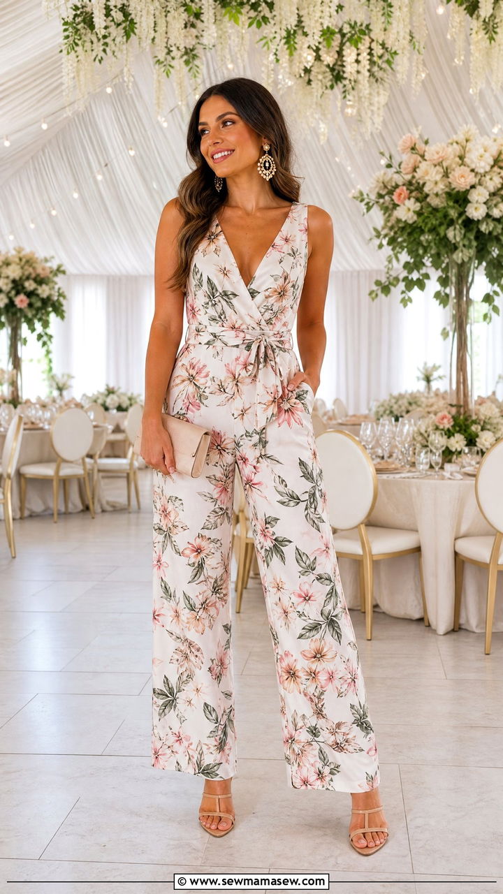Floral jumpsuit with strappy heels - 30 floral outfit ideas for women