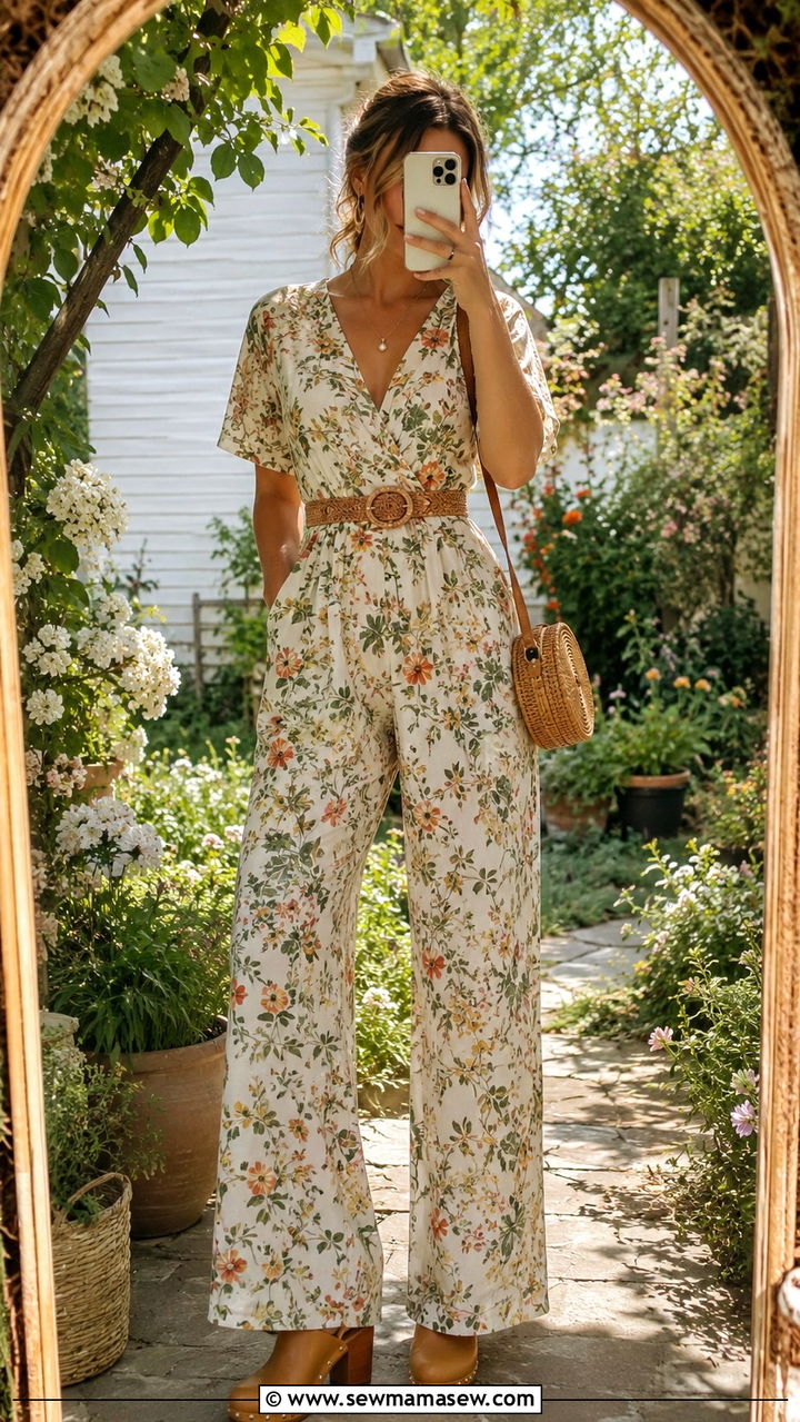 Floral jumpsuit with woven belt - 30 spring cottagecore outfit ideas