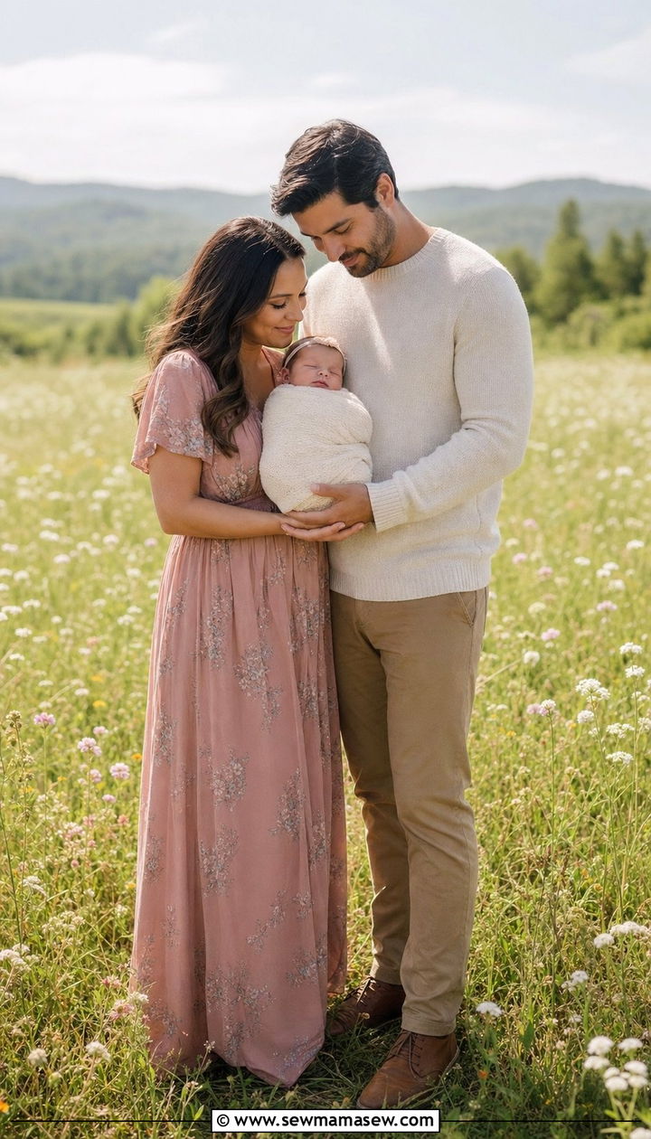 Floral maxi dress and neutral dad outfit for newborn photos - 25 Family photo outfit ideas with newborn