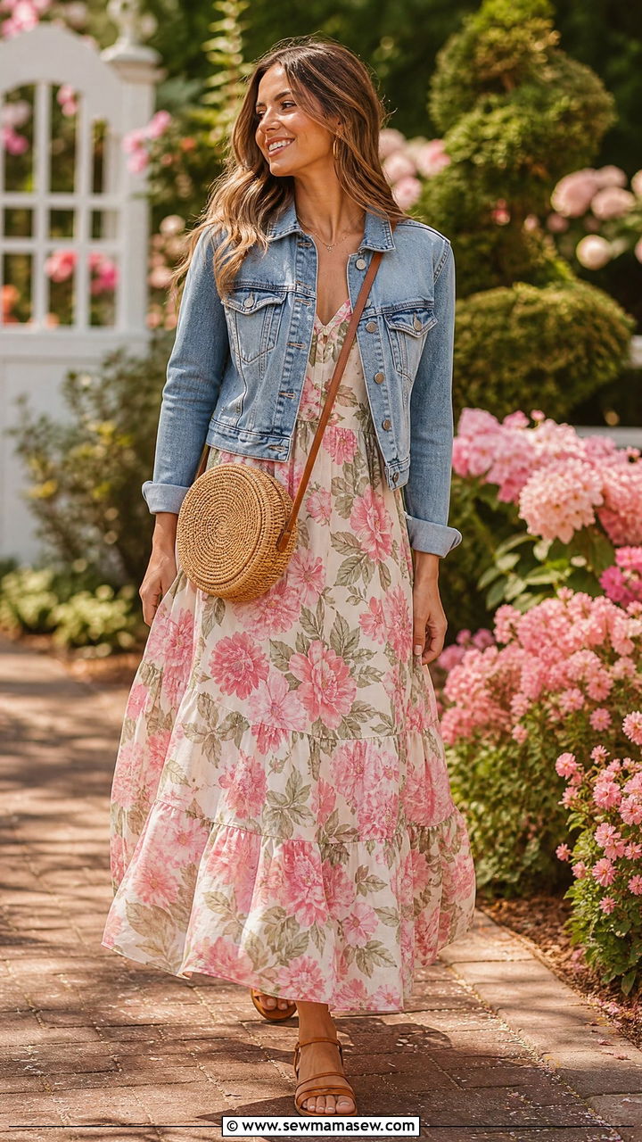 Floral maxi dress with a straw crossbody bag - 20 Spring outfits with crossbody bags