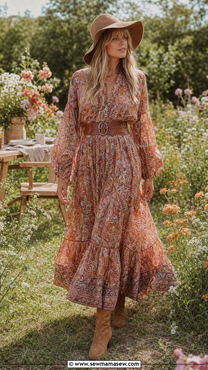 Floral maxi dress with ankle boots outfit - 35 70s inspired outfits