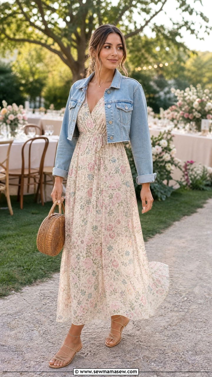Floral maxi dress with cropped denim jacket - 25 Petite outfit ideas spring 2026