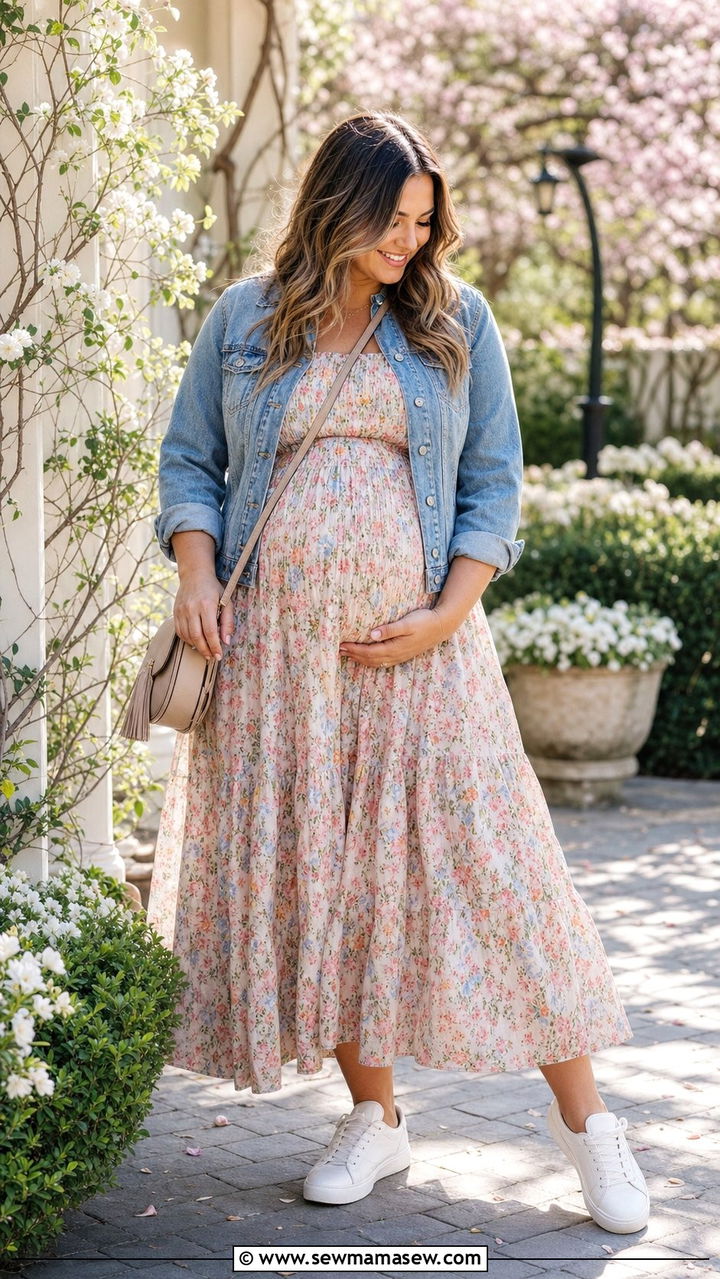 Floral maxi dress with denim jacket - 25 Spring outfit ideas for pregnant women