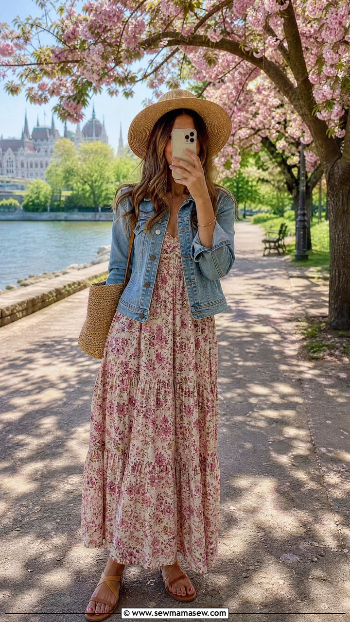 Floral maxi dress with denim jacket Budapest spring outfit - 25 Budapest outfit ideas