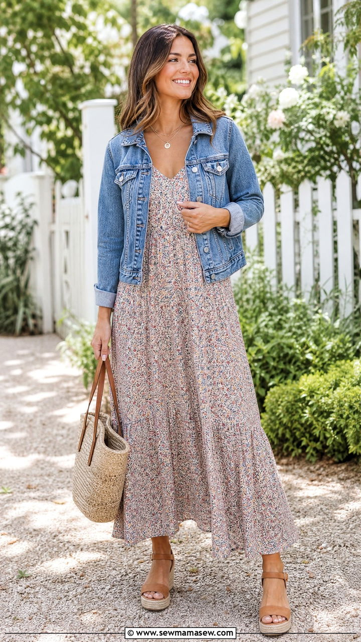 Floral maxi dress with denim jacket outfit - 30 Maxi dress outfit ideas with a denim jacket