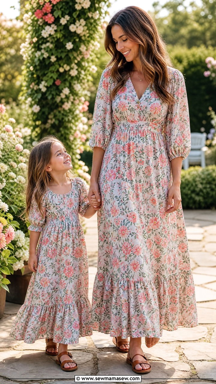 Floral maxi dress with flat sandals outfit - 30 Summer mommy and me outfits