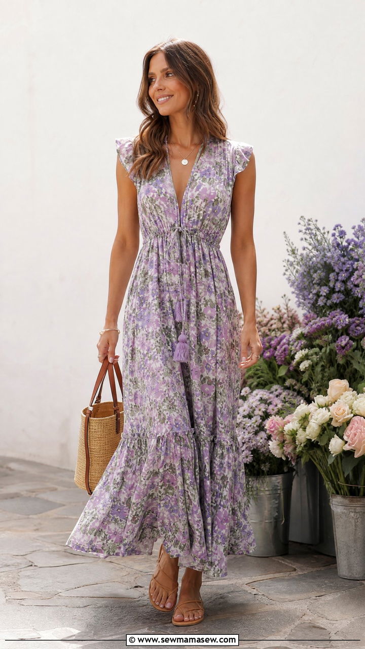 Floral maxi dress with flat strappy sandals - 25 Riviera outfit ideas