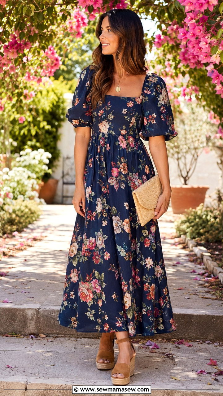 Floral maxi dress with wedge sandals - 30 classy outfits inspo