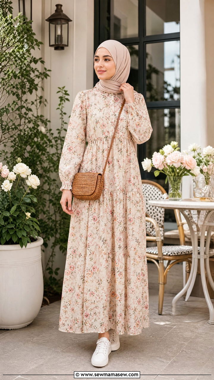 Floral maxi dress with white sneakers - 30 modest brunch outfit ideas