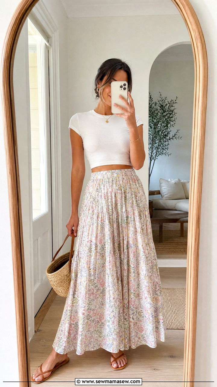 Floral maxi skirt with cropped white tee - 30 Summer outfits with maxi skirts