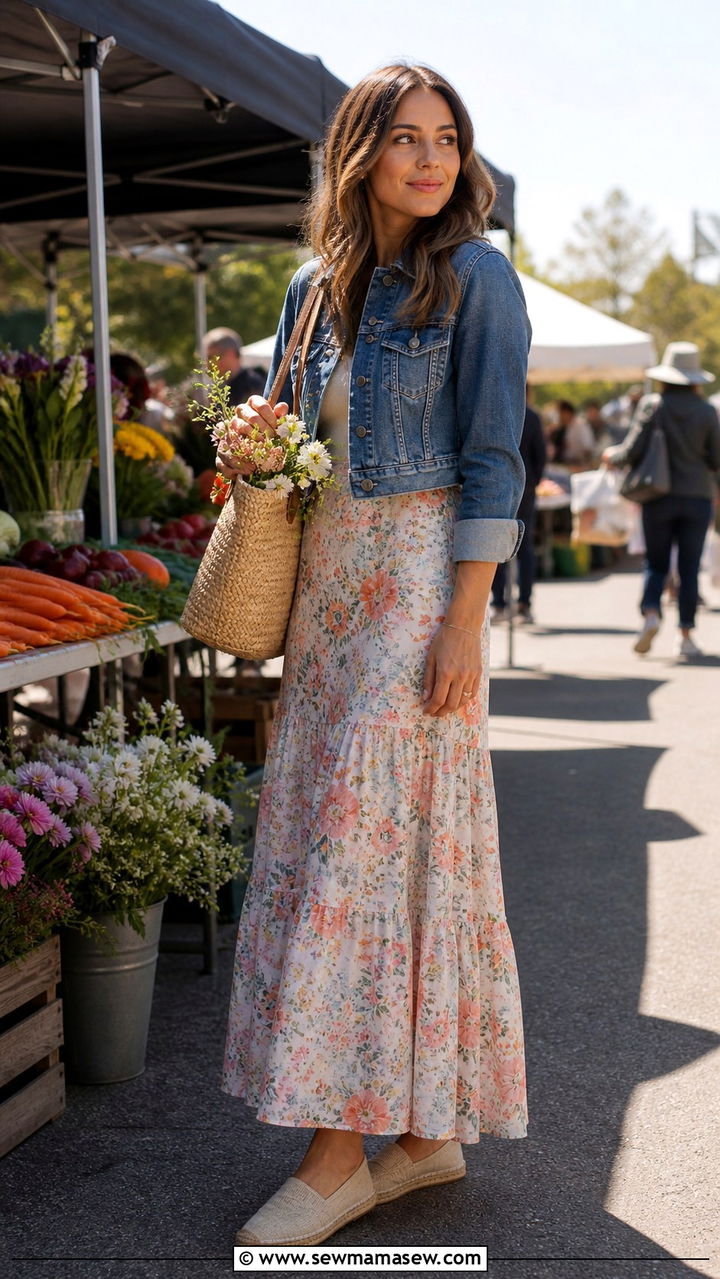 Floral maxi skirt with denim jacket and espadrilles - 40 maxi skirt outfits