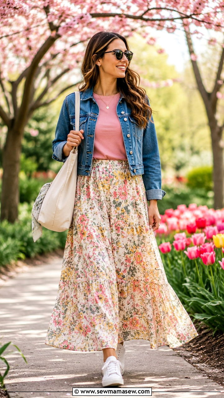 Floral maxi skirt with solid tee and denim jacket - 30 How to style a maxi skirt