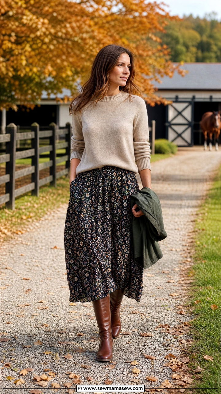 Floral maxi skirt with sweater and riding boots - 40 maxi skirt outfits