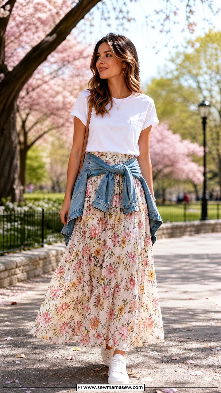 Floral maxi skirt with white tee - 25 chic maxi skirt outfit ideas