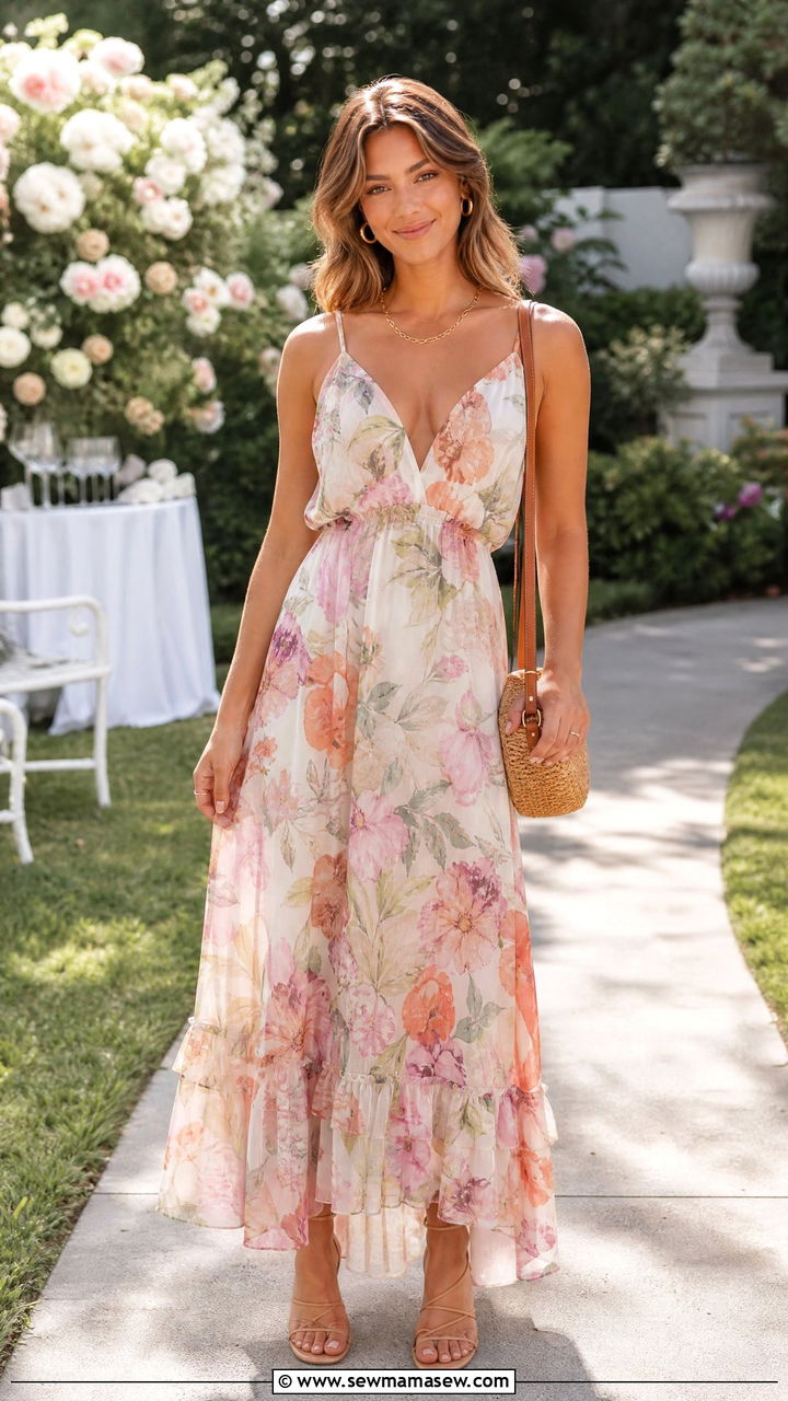 Floral maxi sundress with strappy sandals - 40 summer sundress outfit ideas