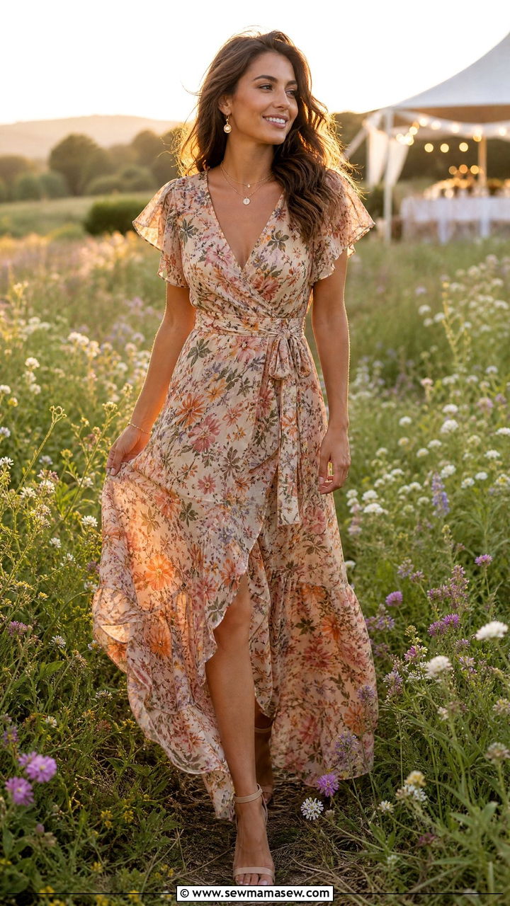 Floral maxi wrap dress with flutter sleeves - 30 Cocktail wedding guest outfit ideas