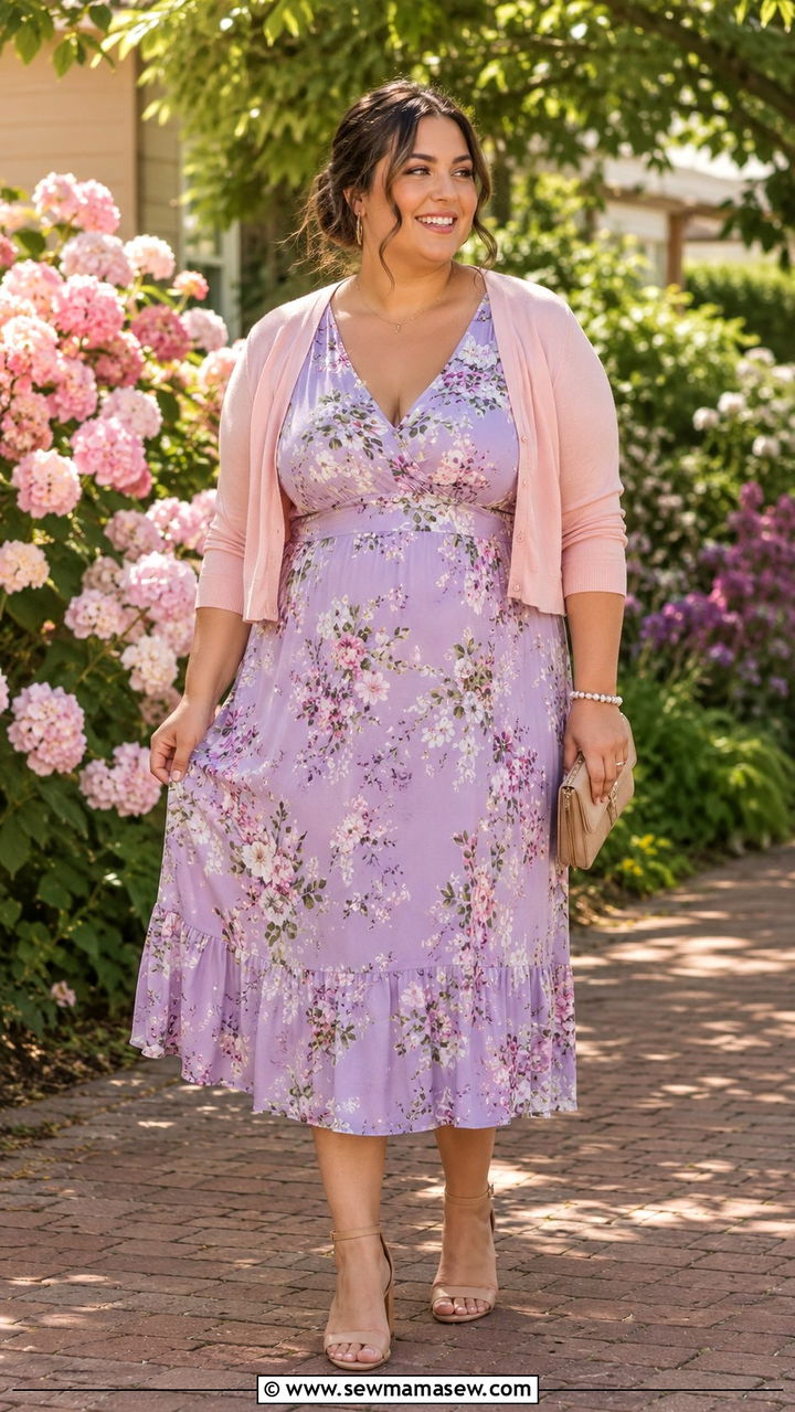 Floral midi dress and cardigan outfit - 20 Plus size outfit ideas size 16