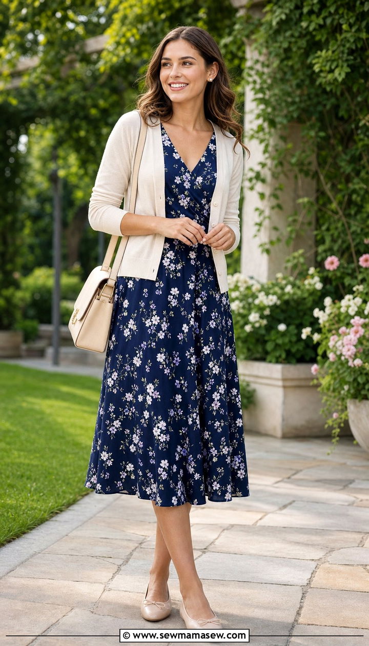 Floral midi dress and cropped cardigan outfit - 35 Business casual outfits for young professionals