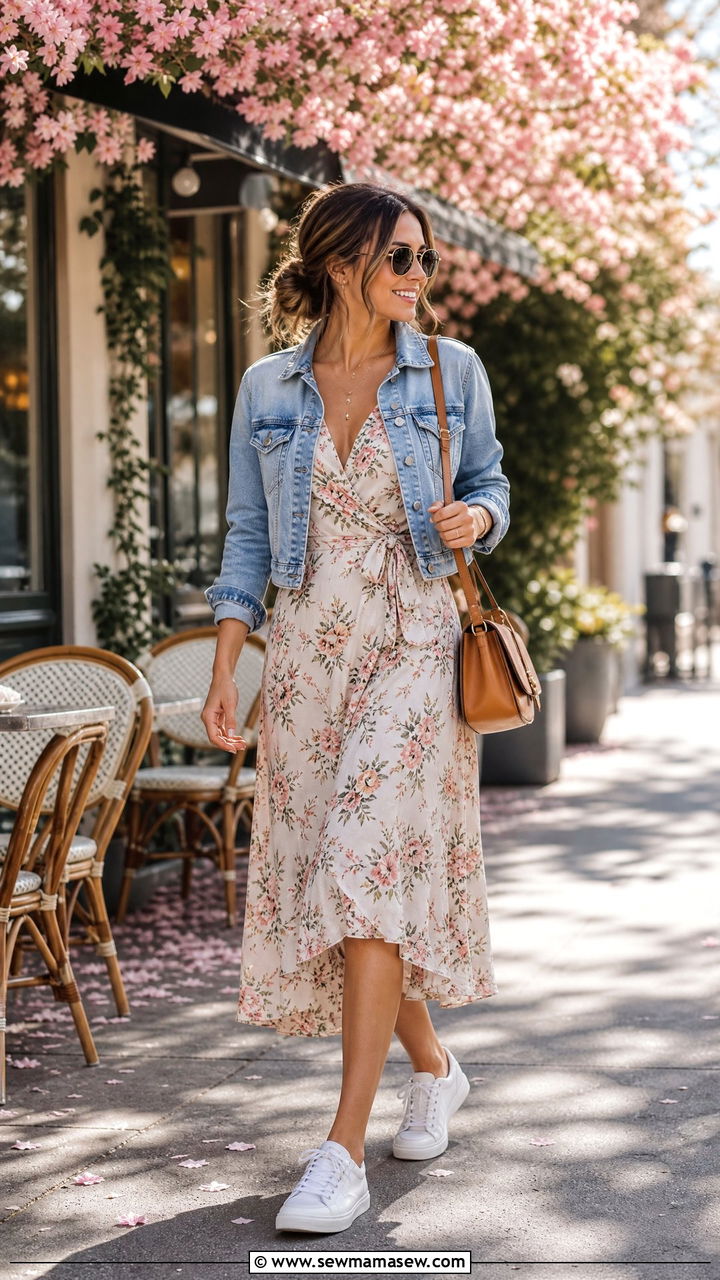 Floral midi dress and cropped denim jacket spring packing outfit - 25 Spring packing list outfits