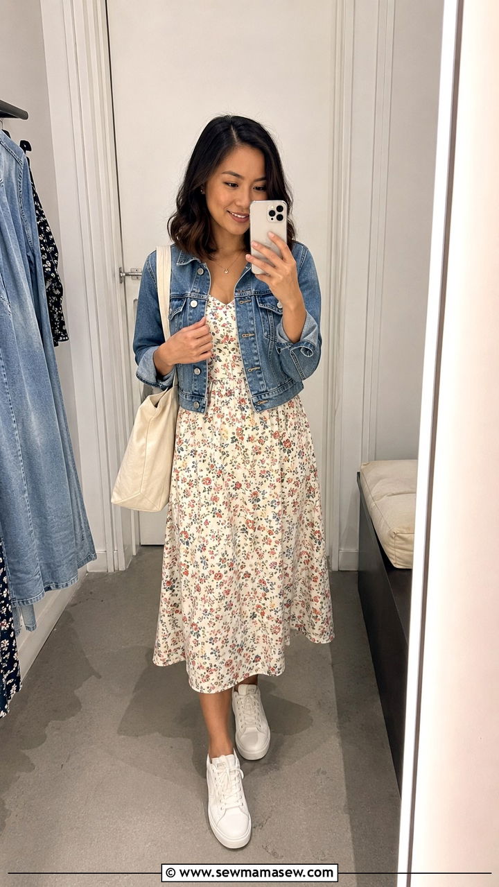 Floral midi dress and denim jacket - 30 Petite office outfit ideas
